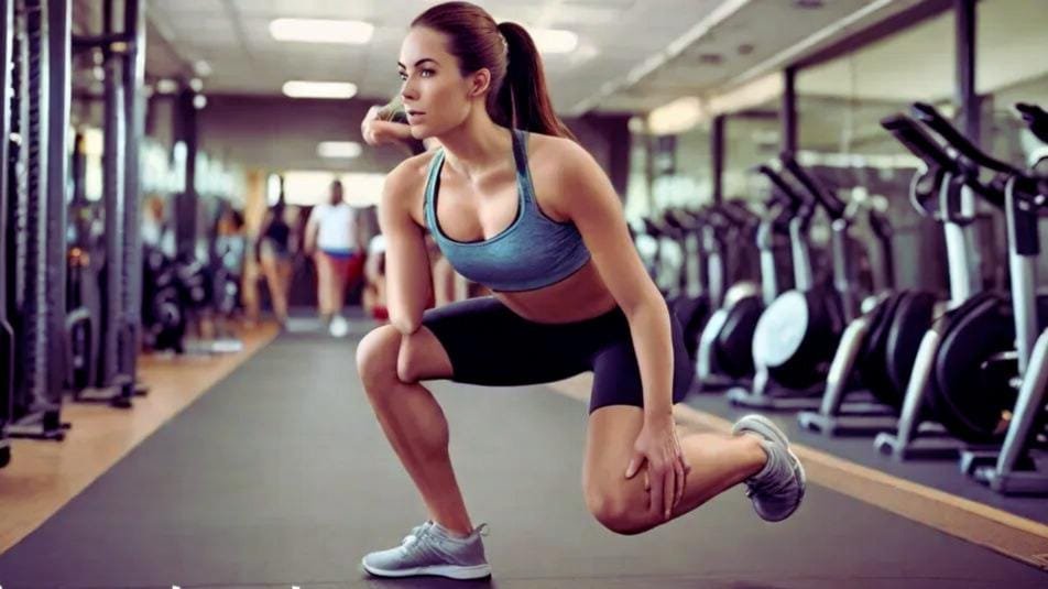 a woman in a gym squatting